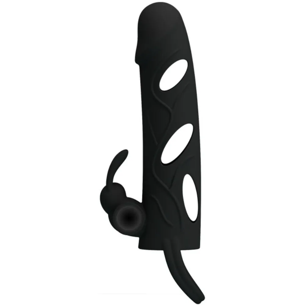 Gaine en silicone noir avec orifices blancs ovales réguliers, anneau testiculaire intégré et prolongement textile