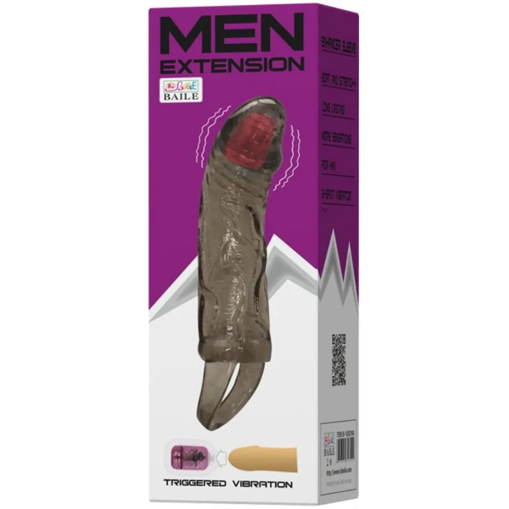 Gaine d'extension en silicone rose chair avec relief texturé, embout arrondi, anneau de base et sangle testiculaire translucide attachée