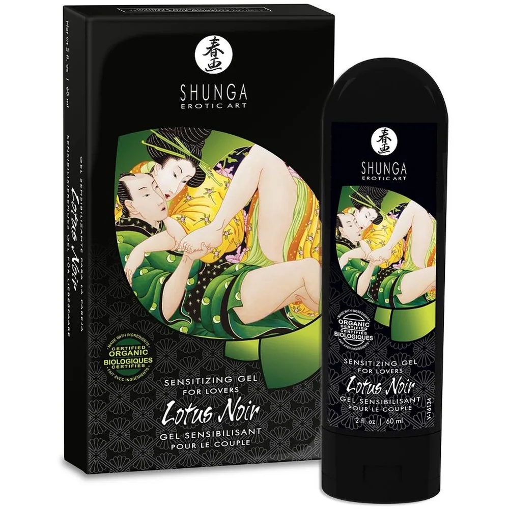 Emballage noir de gel sensitisant Shunga Lotus Noir avec illustration d'art érotique asiatique colorée, accompagné du flacon noir correspondant