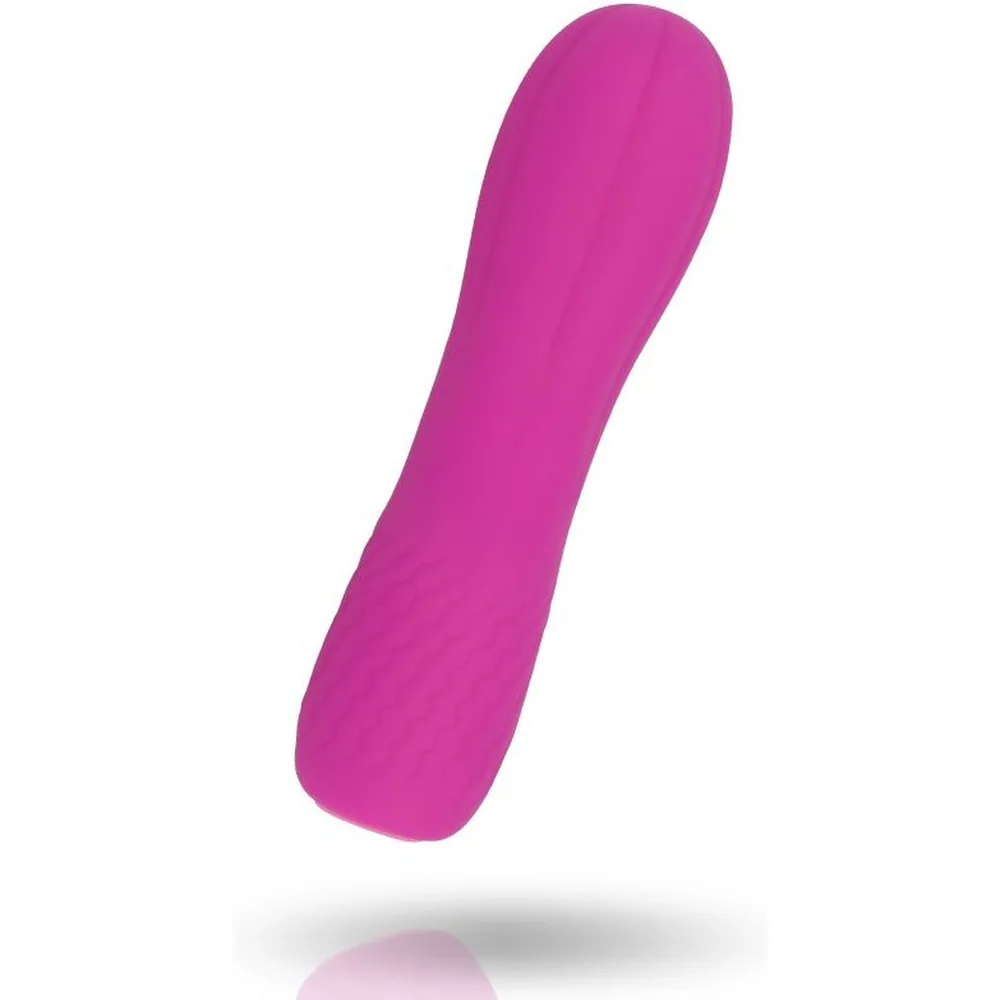 Vibromasseur Ellie rose fuchsia en silicone, forme arrondie et légèrement incurvée, présenté en emballage bleu ciel de la marque Inspire avec descriptif « vibrating stimulator »