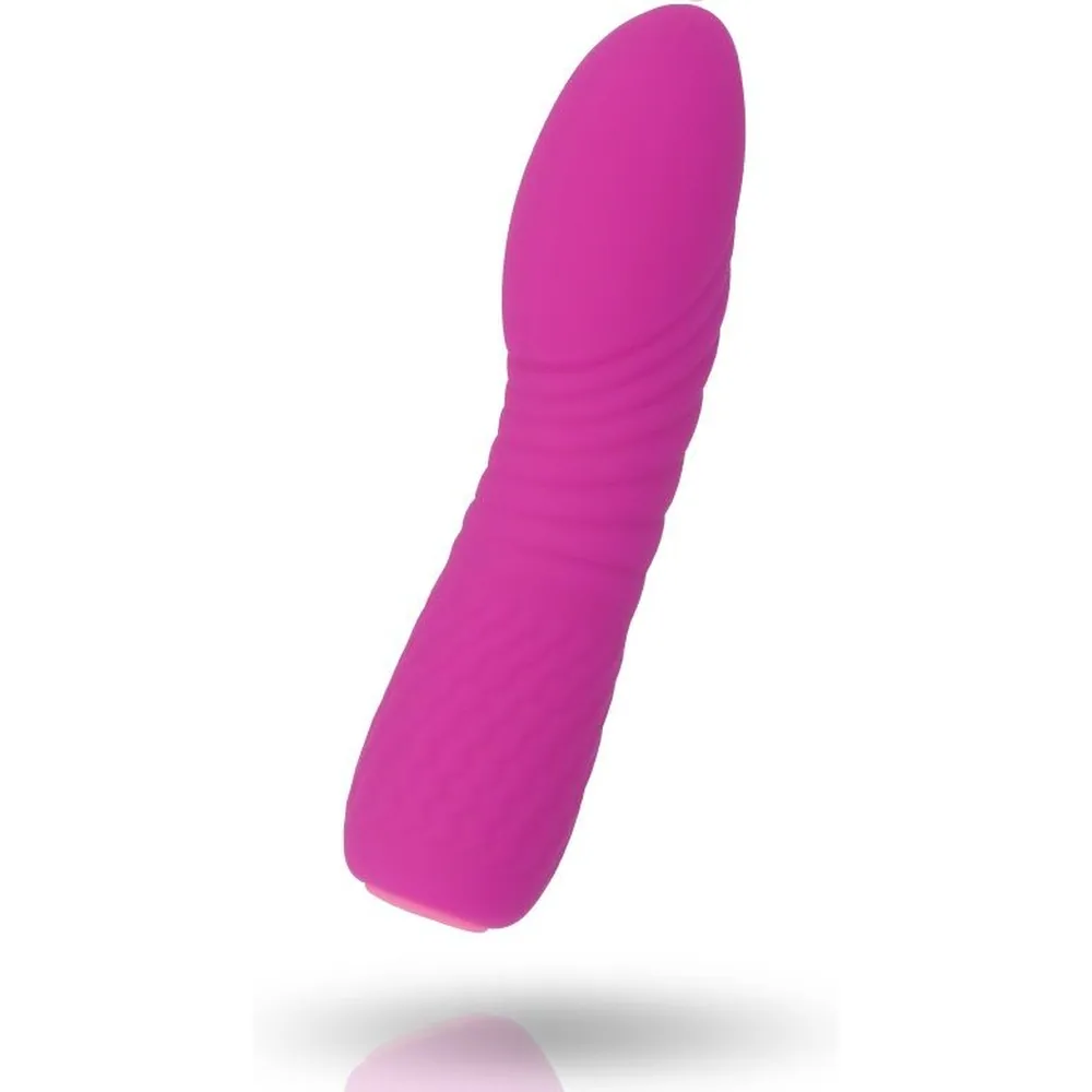 Vibromasseur Myla de couleur violet-rose, corps lisse légèrement courbé, présenté à côté de son emballage bleu ciel de la marque Inspire