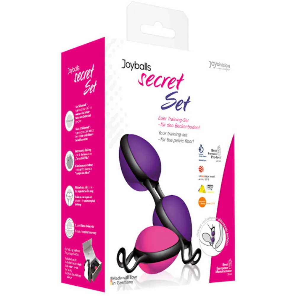 Deux boules de Geisha en silicone : à gauche une double boule violette avec tige noire, à droite une simple boule rose avec tige noire et anneau de retrait