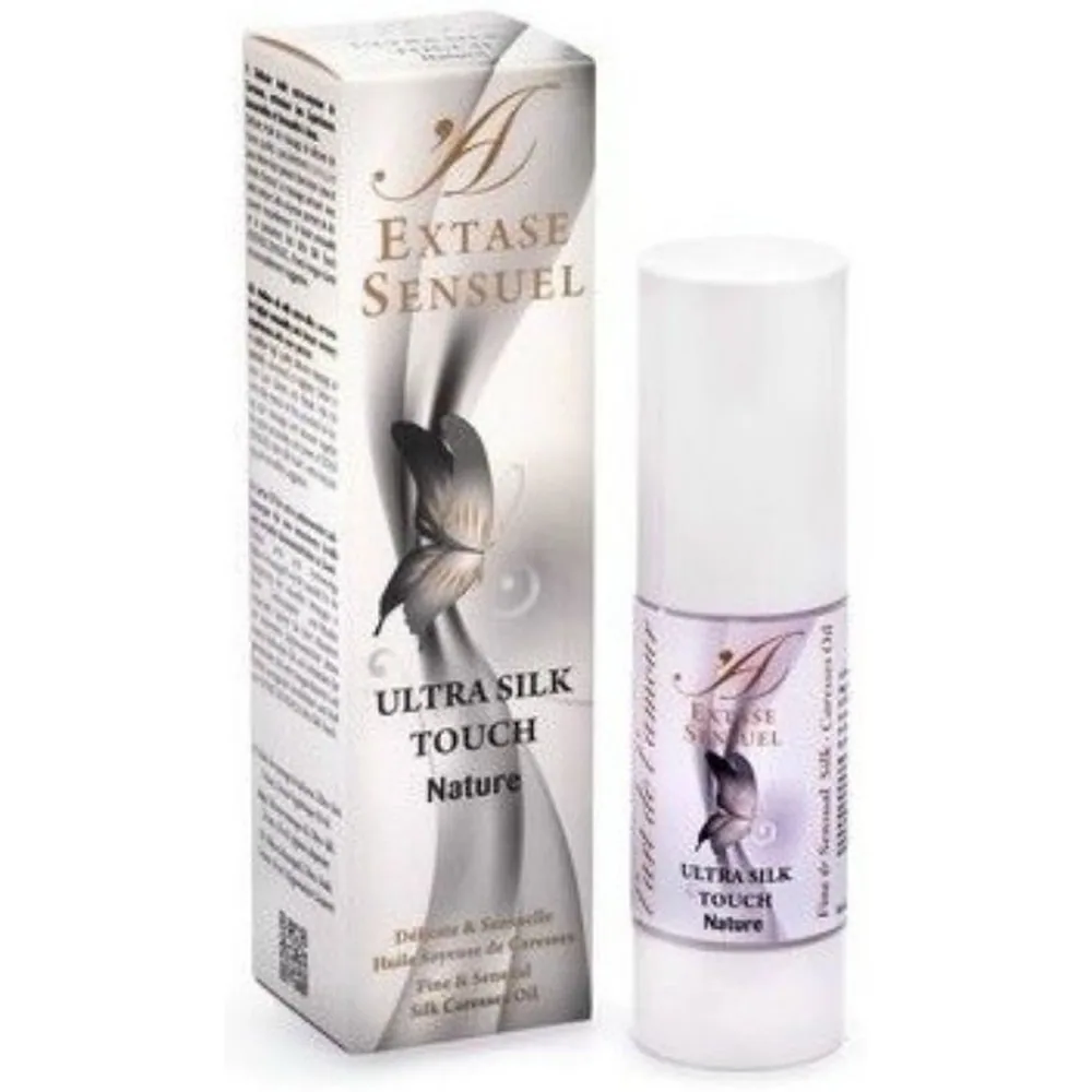 Emballage et flacon distributeur d'huile de massage Ultra Silk Touch Nature, 30 ml, avec étiquette violette et beige ornée de motifs floraux
