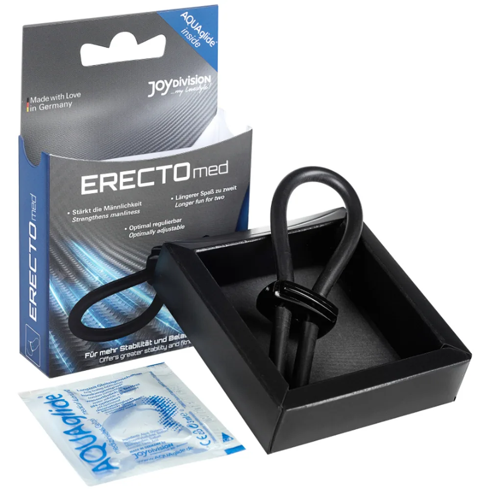 Cockring en silicone noir avec bande de serrage ajustable, anneau fermé et deux embouts de réglage cylindriques