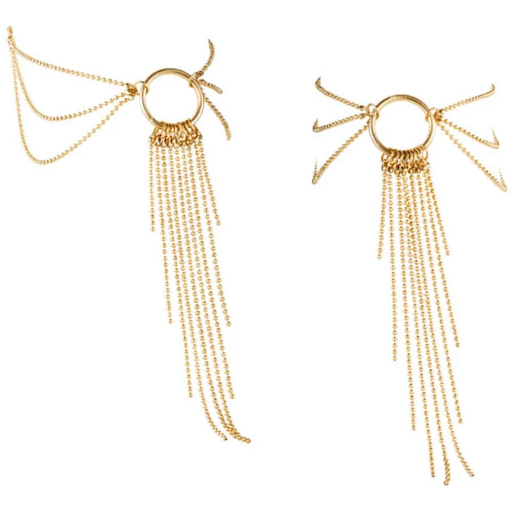 Boîte noire avec motifs géométriques dorés de la collection Bijoux Indiscrets, présentant deux chaînes de pied dorées à franges