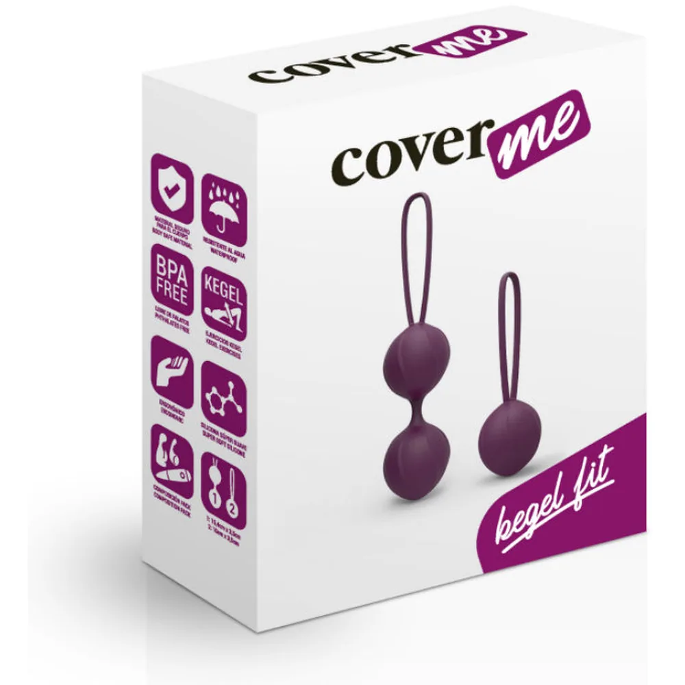 Emballage blanc de boules de Geisha Kegel Fit avec logo violet, et trois boules de silicone prune avec anses : une petite et deux plus grandes de tailles progressives