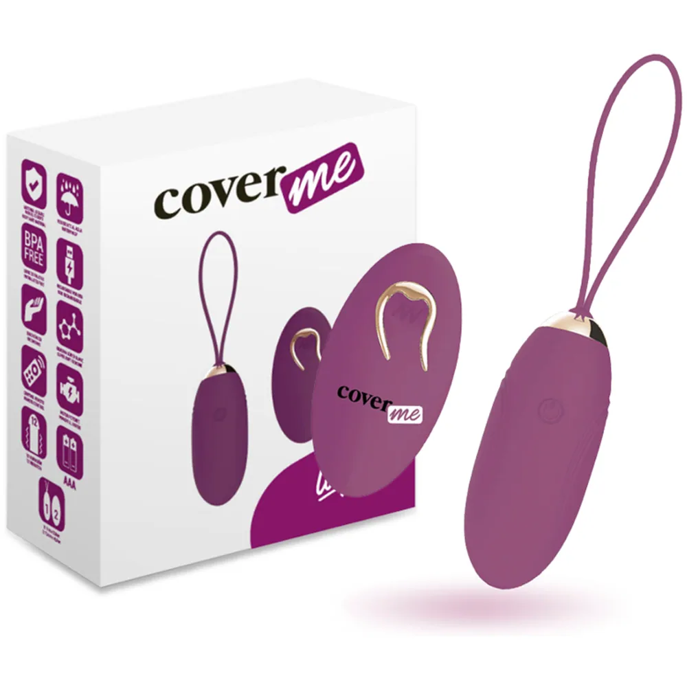 Boîte blanche de l'œuf vibrant Lapi en silicone prune, montrant l'œuf et sa télécommande sans fil, avec logos de caractéristiques sur le côté