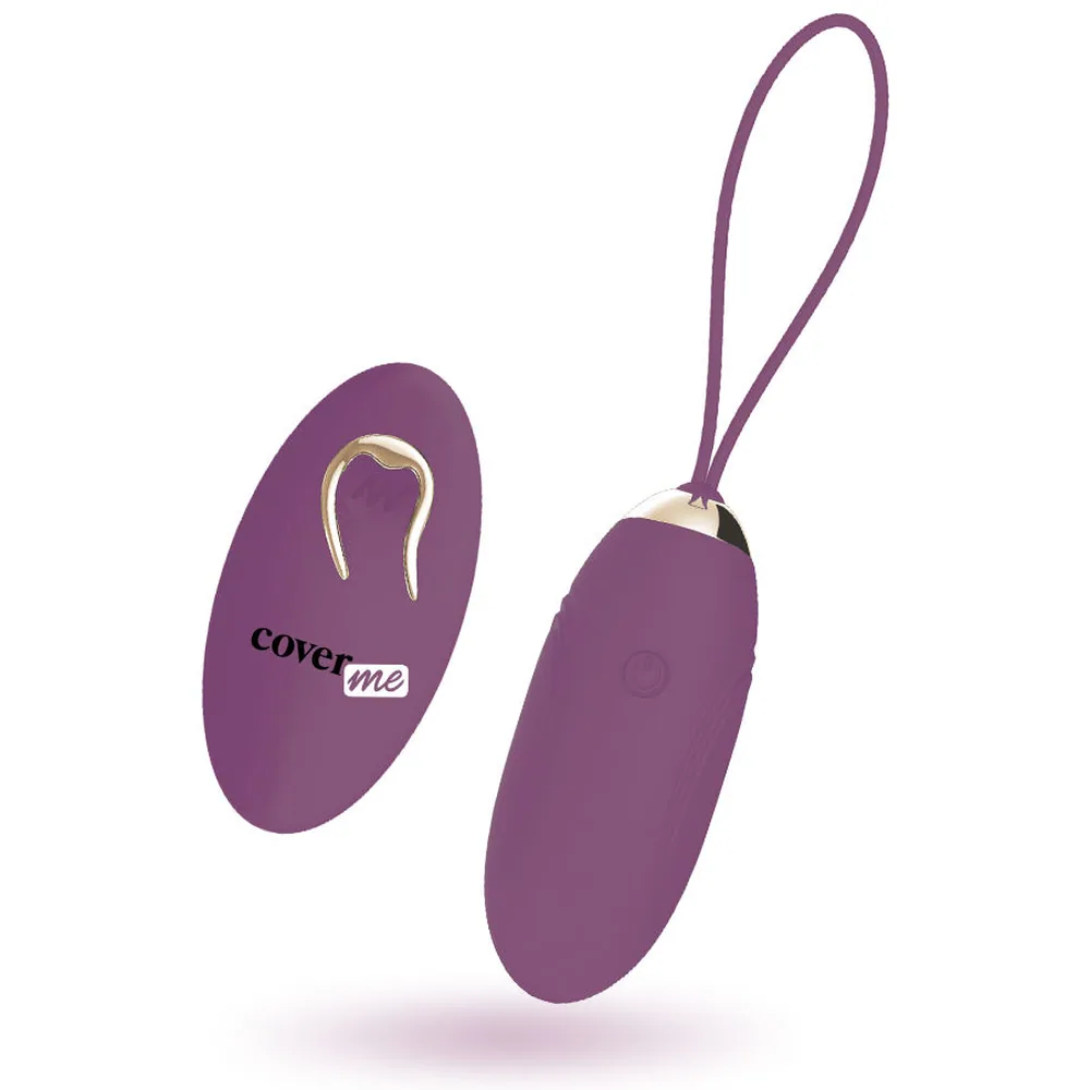 Boîte blanche de l'œuf vibrant Lapi en silicone prune, montrant l'œuf et sa télécommande sans fil, avec logos de caractéristiques sur le côté
