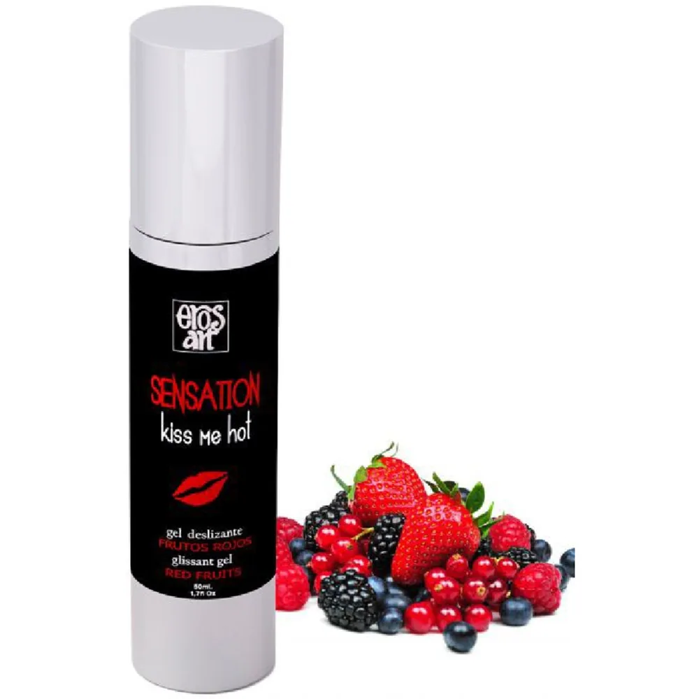Flacon de lubrifiant Sensation Kiss Me Hot noir et blanc, 50 ml, entouré de fraises, framboises, myrtilles et groseilles rouges