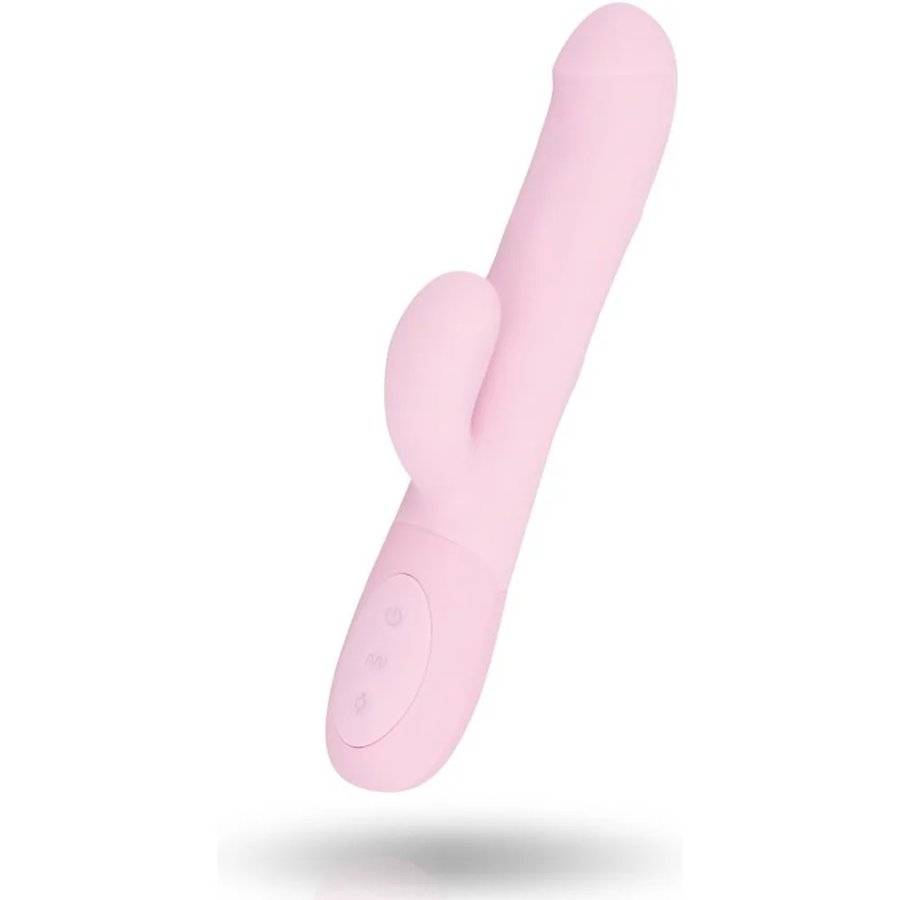 Emballage rose et vibromasseur rabbit rose clair Gabriella avec bras de stimulation latéral, tige principale et zone de commande, présenté en perspective de trois-quarts