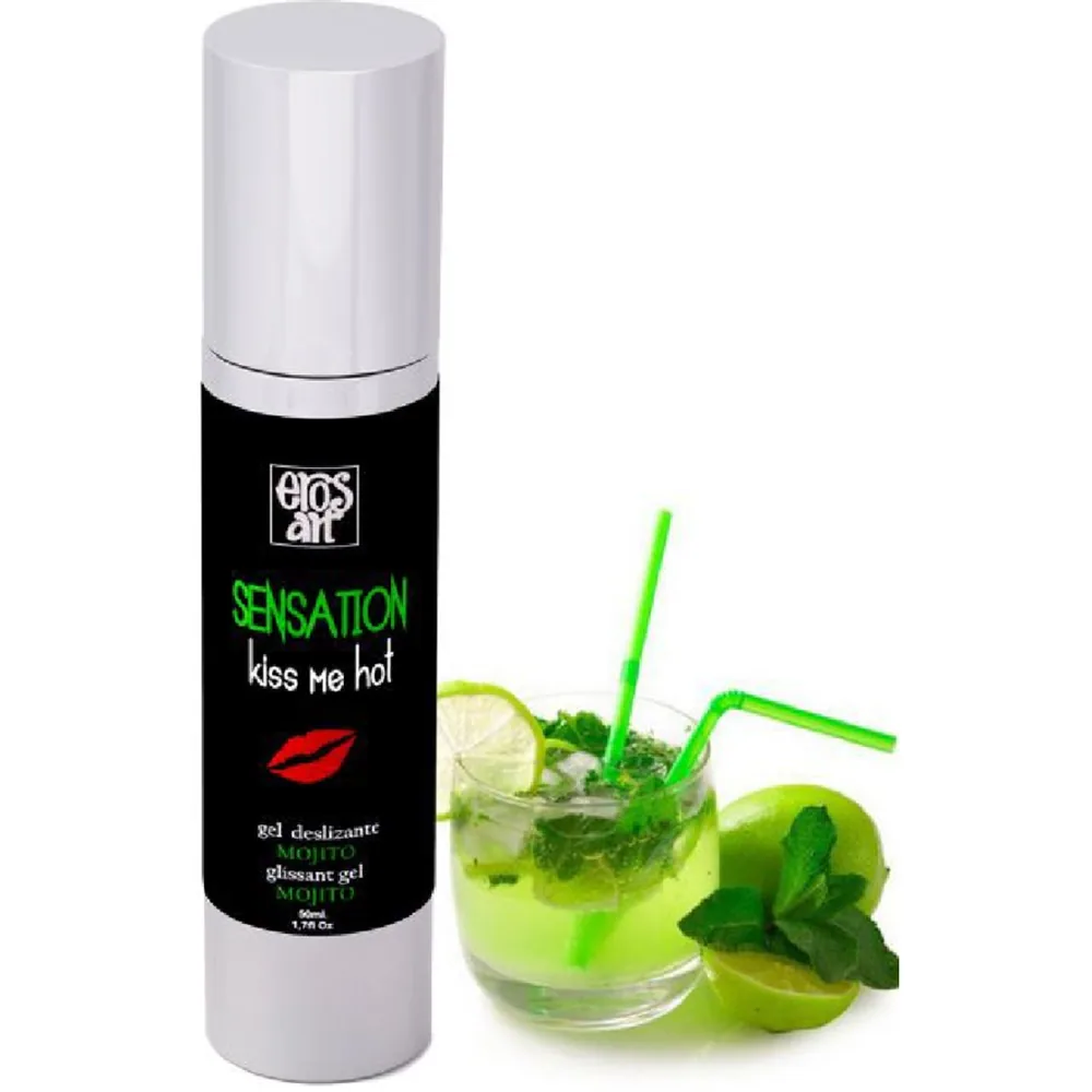 Flacon blanc et noir de lubrifiant Sensation Kiss me hot au goût mojito, avec capuchon blanc, présenté à côté d'un verre de mojito garni de menthe et citron vert
