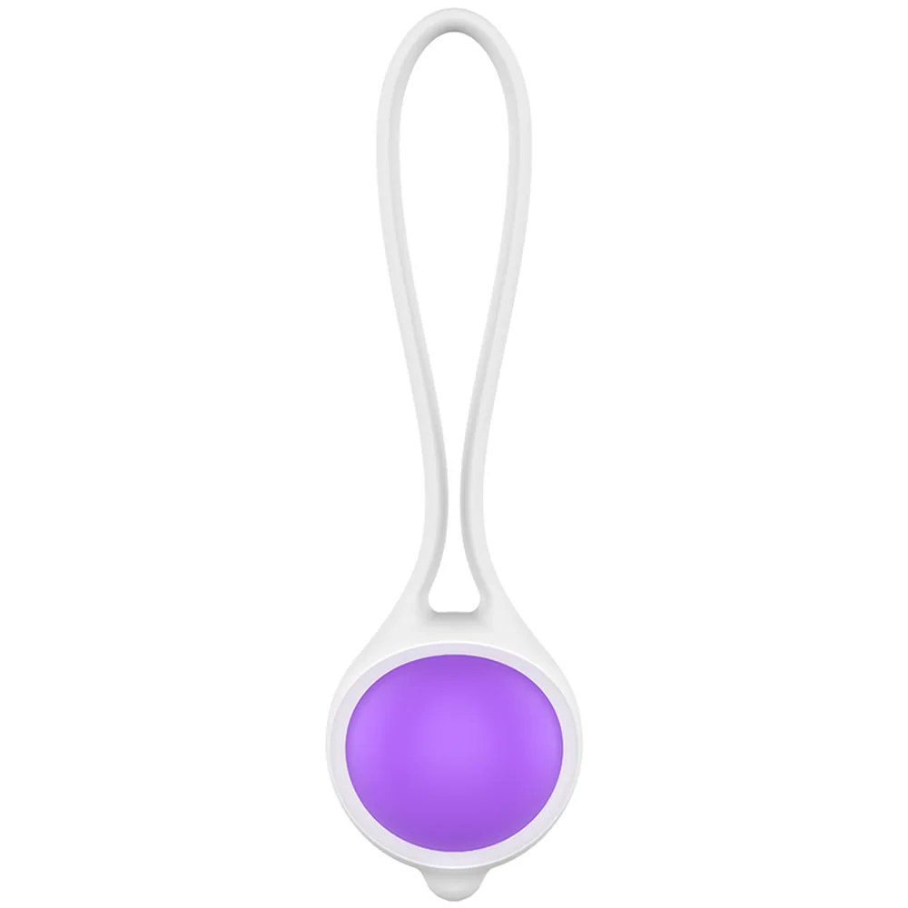 Boule de Geisha en silicone blanc et mauve, sphère violette enchâssée dans un support blanc avec anse de suspension