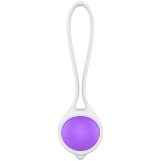 Boule de Geisha en silicone blanc et mauve, sphère violette enchâssée dans un support blanc avec anse de suspension