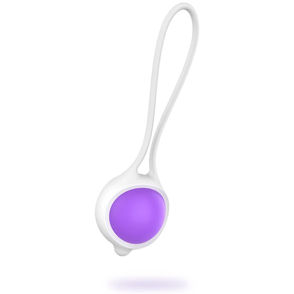 Boule de Geisha en silicone blanc et mauve, sphère violette enchâssée dans un support blanc avec anse de suspension