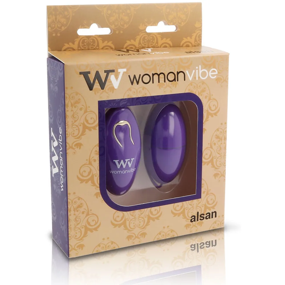 Œuf vibrant en silicone violet avec télécommande assortie, reliés par un cordon, sur fond blanc