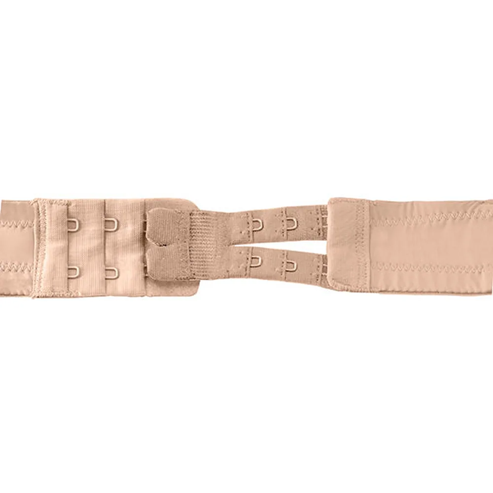 Trois rallonges de soutien-gorge en tissu extensible avec crochets : une blanche, une noire et une beige, présentées à plat sur fond blanc