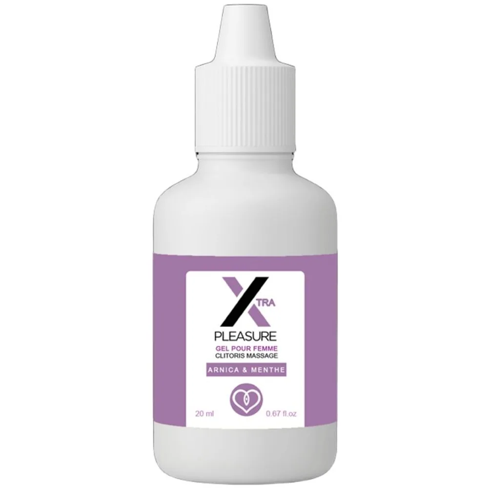 Emballage de gel de massage Xtra Pleasure pour femme, flacon de 20 ml avec compte-gouttes, formule à l'arnica et menthol, boîte mauve et blanche