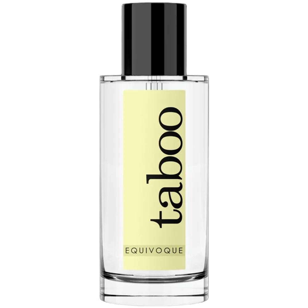 Boîte de parfum aux phéromones Taboo Équivoque de 50 ml sur fond jaune pâle, avec texte noir et indication 80% vol