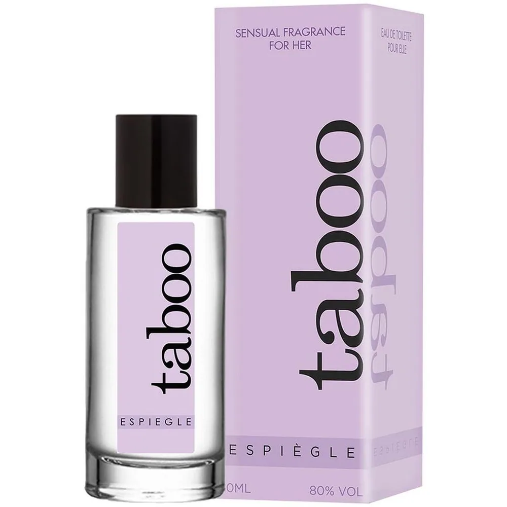 Flacon de parfum aux phéromones Taboo Espiègle de 50 ml avec bouchon noir et boîte rose pâle affichant le branding, sur fond blanc