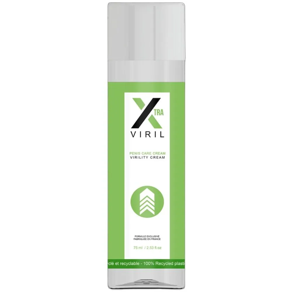 Emballage et flacon de crème Viril Xtra, contenance 75 ml, avec étiquette verte et blanche mentionnant « Penis Care Cream » et les actifs gingembre et fenugrec