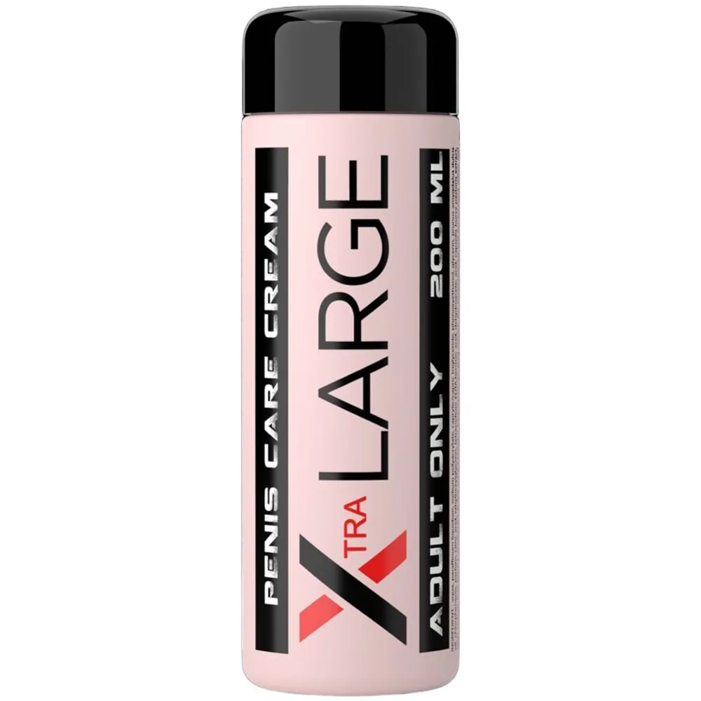 Flacon rose pâle de crème de massage pour homme Xtra Large, 200 ml, capuchon noir, étiquette noire et blanche avec logo