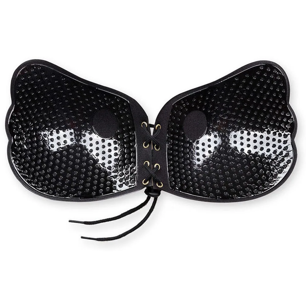 Emballage d'un soutien-gorge adhésif beige en dentelle avec laçage frontal ajustable, montrant le produit porté et ses trois variantes de couleur en cercles détail