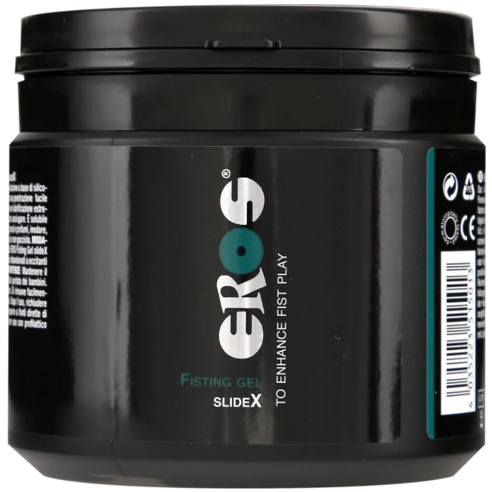 Pot noir avec couvercle à vis de gel lubrifiant Eros Fisting Gel Slidex 500 ml, étiquette turquoise et blanche