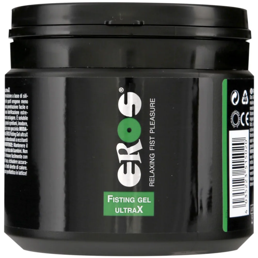 Pot noir de gel lubrifiant Fisting UltraX Eros avec couvercle, étiquette verte indiquant « Relaxing First Pleasure »