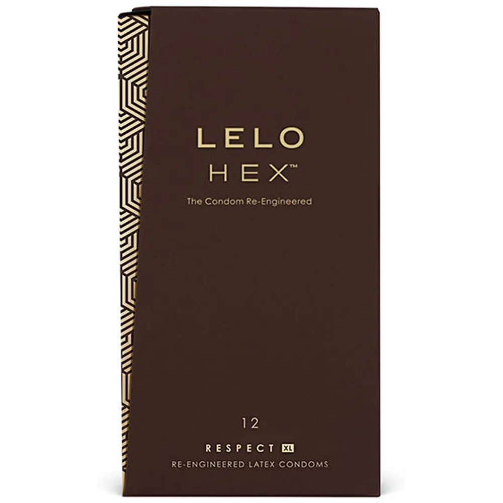 Boîte de préservatifs Lelo Hex Respect marron chocolat avec bande latérale géométrique beige, contenant 12 unités
