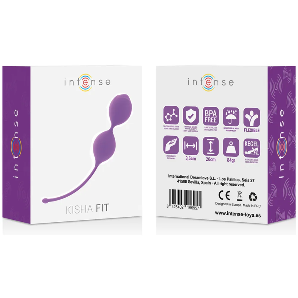Boules de Geisha en silicone violet, deux sphères reliées par un fin cordon, avec tige de retrait pourvue d'un bouton arrondi