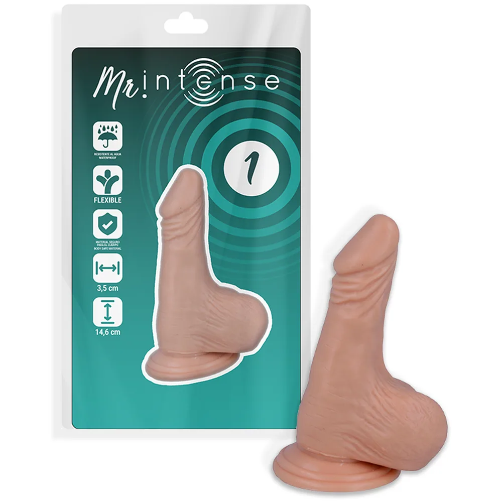 Schéma de dimensions d'un gode réaliste beige avec testicules et ventouse, montré aux côtés d'une canette pour l'échelle, indiquant hauteur 14,6 cm et largeurs variées