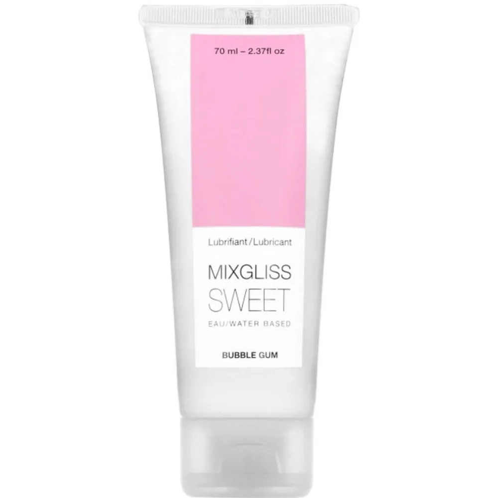 Tube blanc de lubrifiant de 70 ml avec étiquette rose pâle, marqué « MIXGLISS SWEET » et « Bubble Gum », base eau