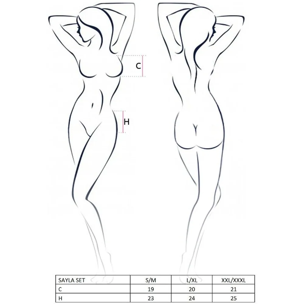 Ensemble trois pièces noir composé d'un bustier et d'un porte-jarretelles taille haute en mesh transparent avec bordures elastiquées, porté avec un string assorti