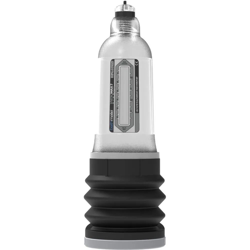 Pompe à pénis Hydromax Wide Boy avec cylindre transparent, base noire côtelée et valve en haut du corps