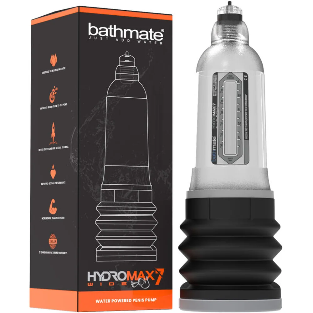 Pompe à pénis Hydromax Wide Boy avec cylindre transparent, base noire côtelée et valve en haut du corps