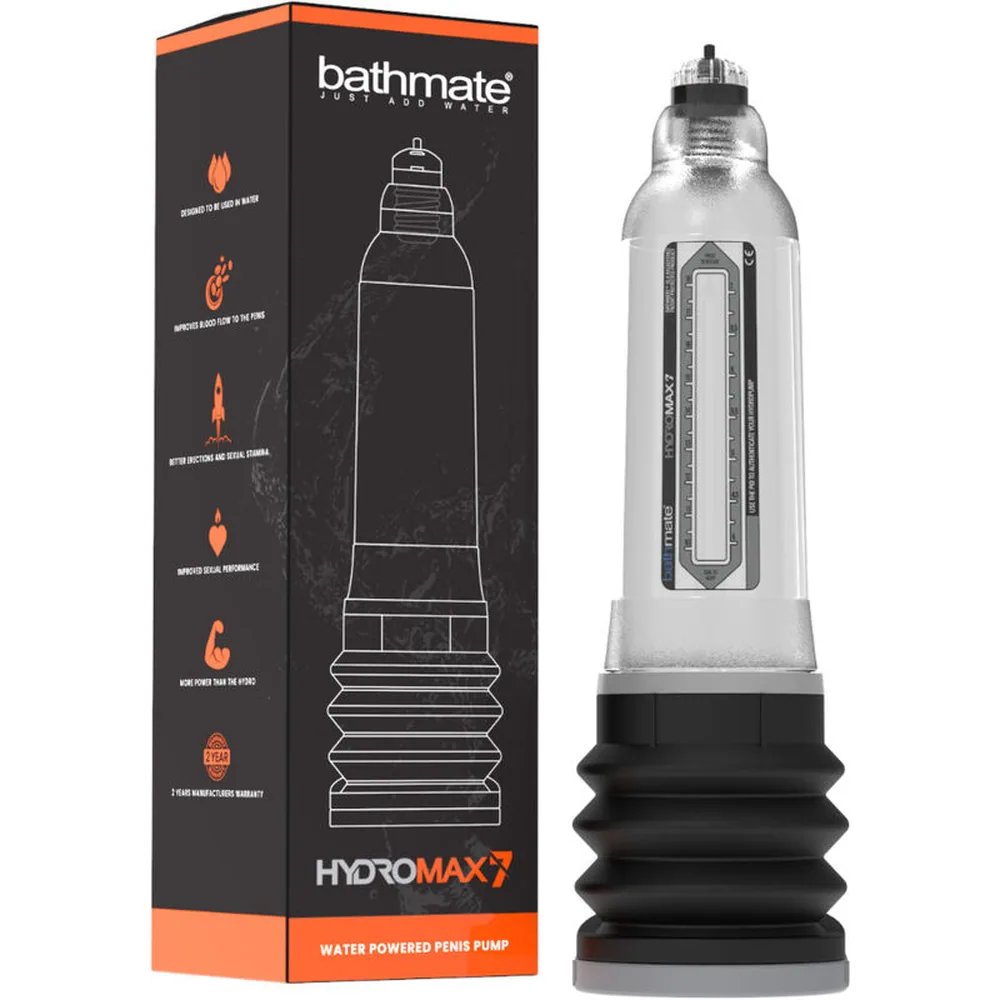 Pompe à pénis Hydromax avec cylindre transparent et base noire rainurée, dôme argenté avec mécanisme visible, sur fond blanc