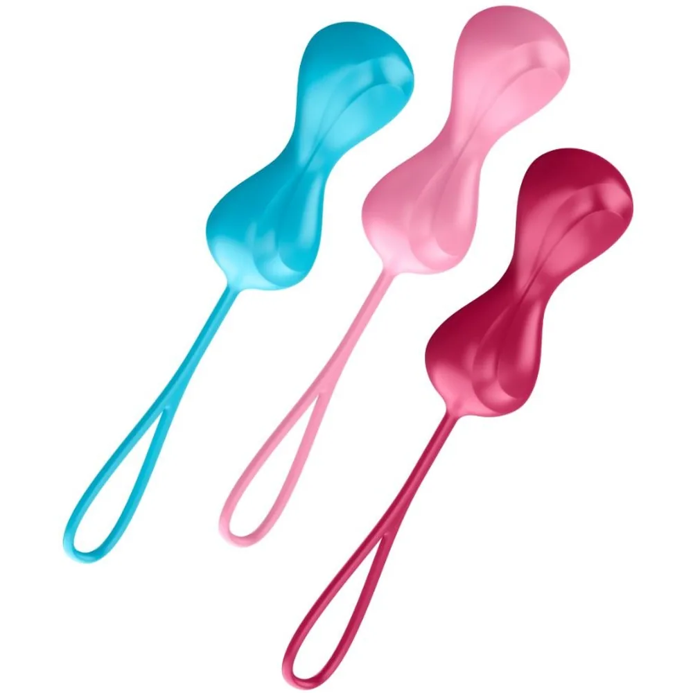 Trois boules de Geisha en silicone, l'une bleu turquoise, l'une rose pâle et l'une rose foncé, chacune avec une poignée de retrait assortie