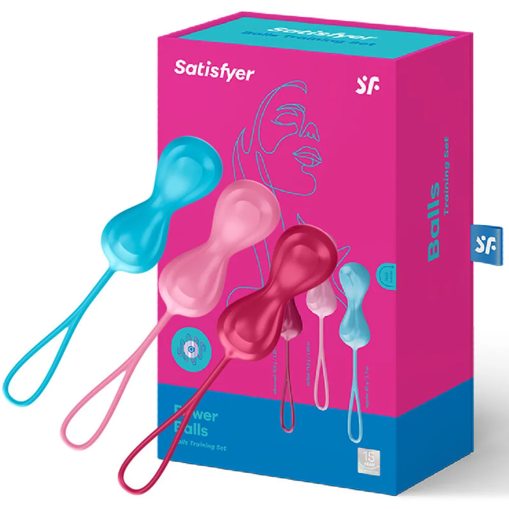 Trois boules de Geisha en silicone, l'une bleu turquoise, l'une rose pâle et l'une rose foncé, chacune avec une poignée de retrait assortie