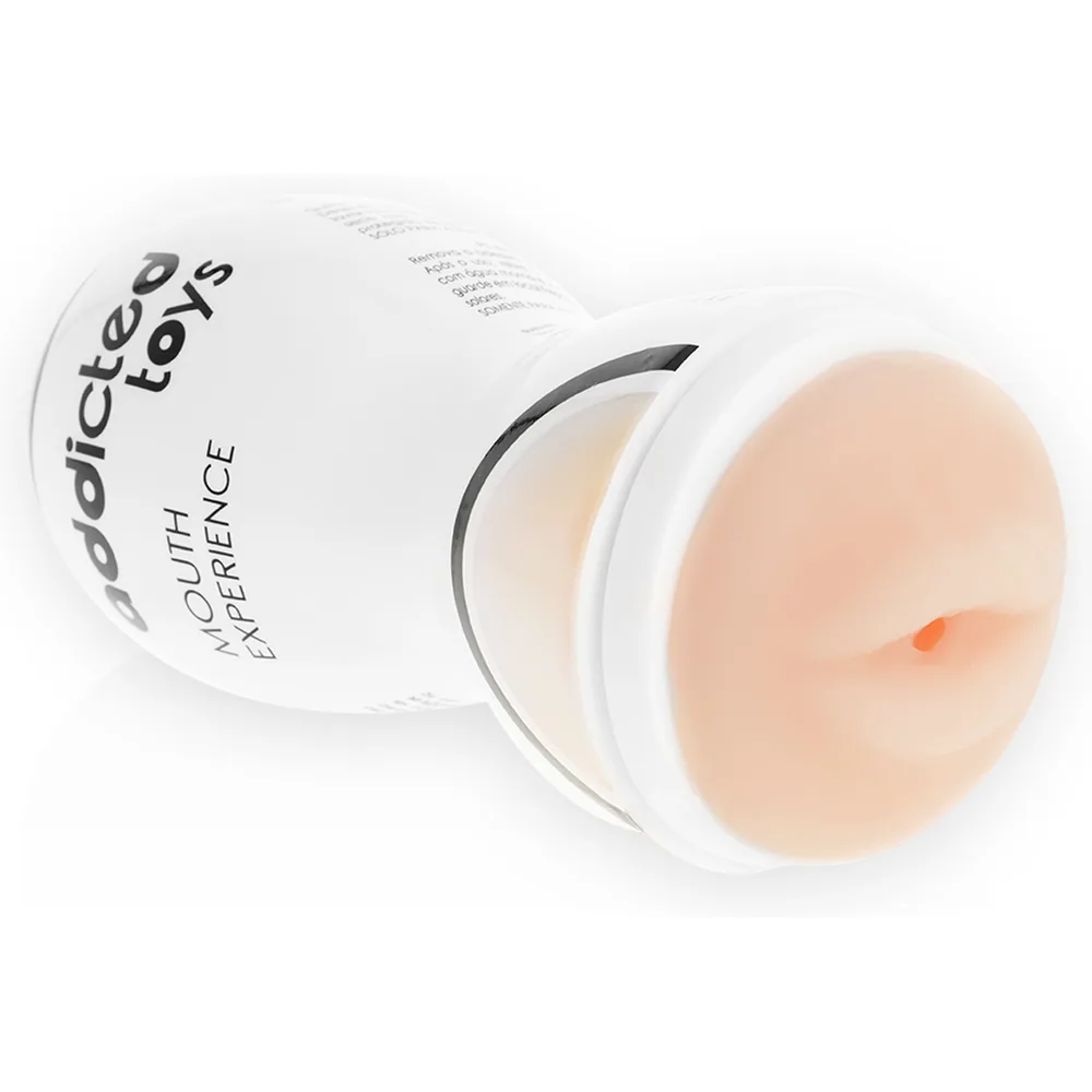 Masturbateur blanc et noir Addicted Toys avec embouchure en forme de bouche, étui rigide cylindrique posé debout, bandes noires en haut et bas