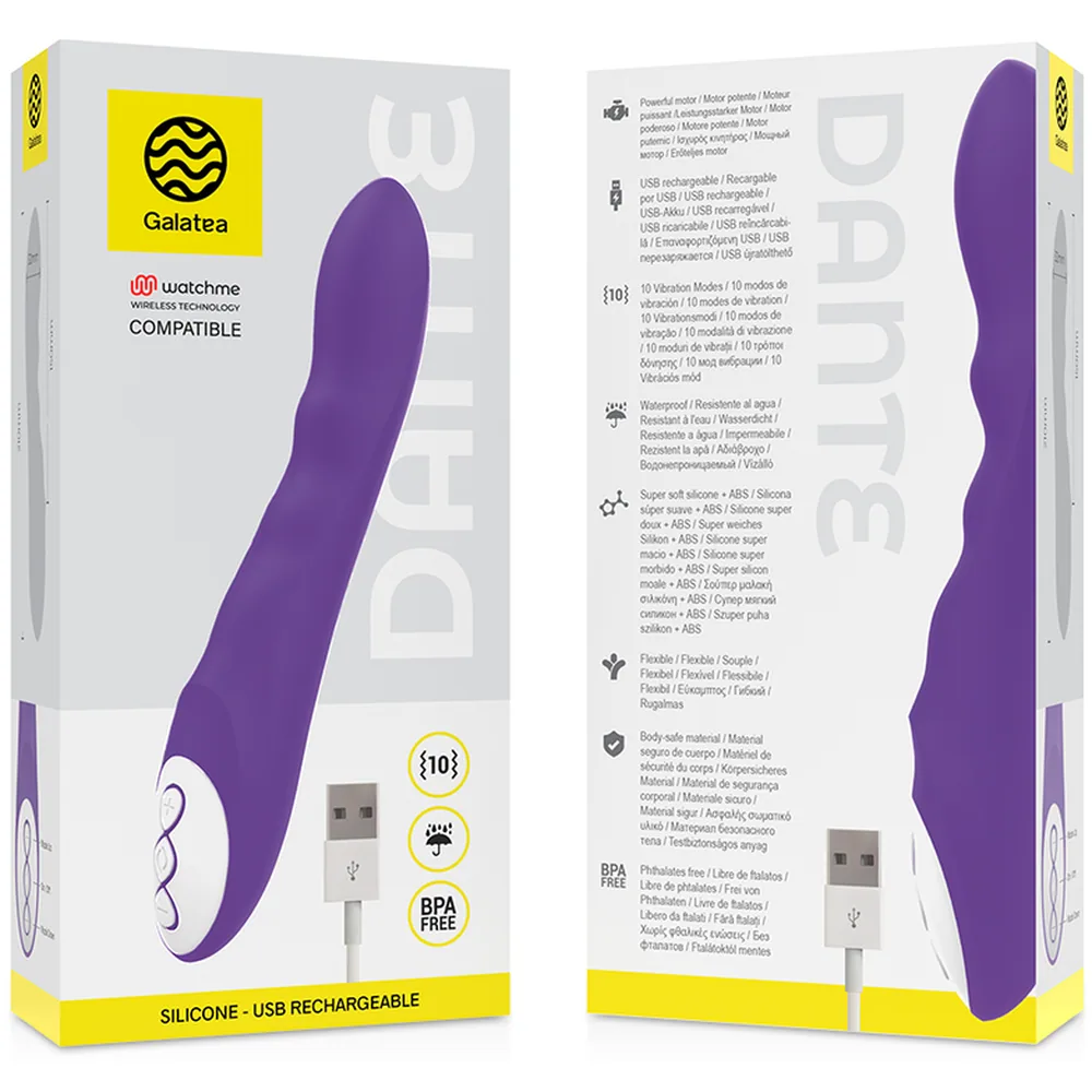 Vibromasseur violet en silicone avec commande par télécommande sans fil, affichage de l'emballage blanc et jaune Galatea indiquant compatibilité Watchme et recharge USB