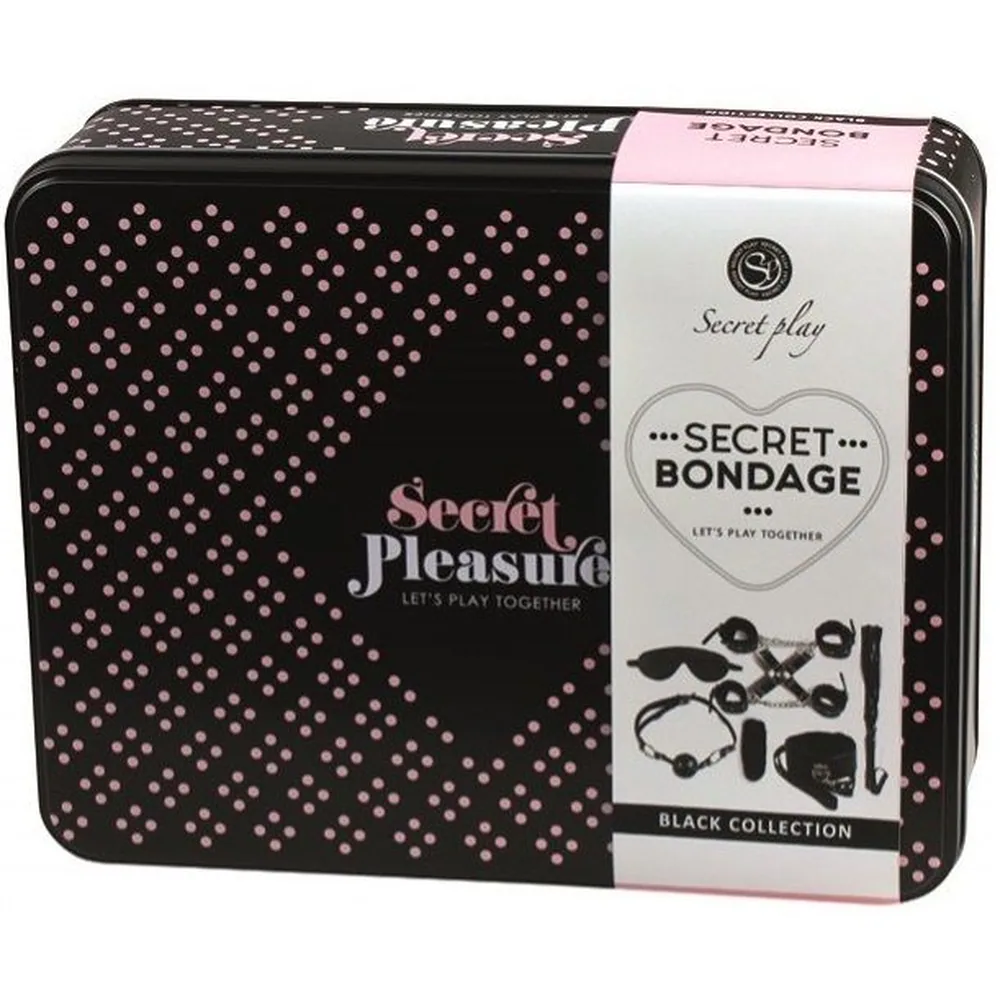 Coffret bondage noir avec emballage à motifs géométriques dorés, contenant menottes, masque, collier, accessoires en cuir et caoutchouc, et balle vibrante