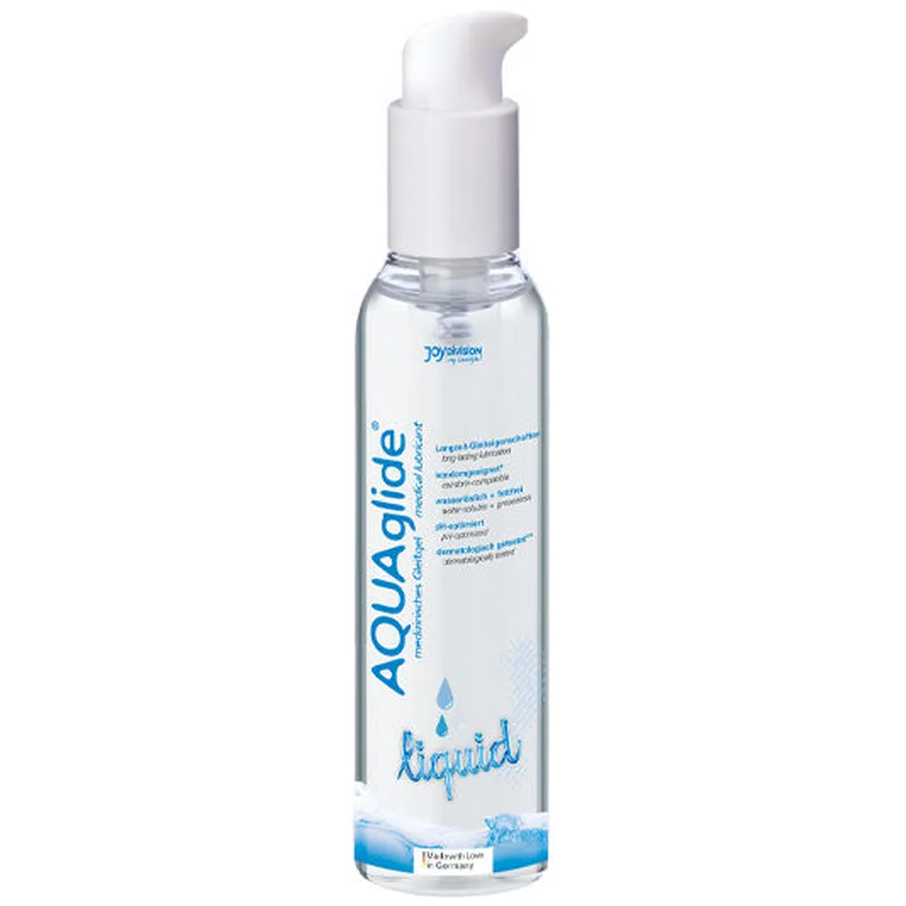 Flacon transparent de lubrifiant à pompe, rempli de liquide clair, étiquette blanche et bleue indiquant Aquaglide