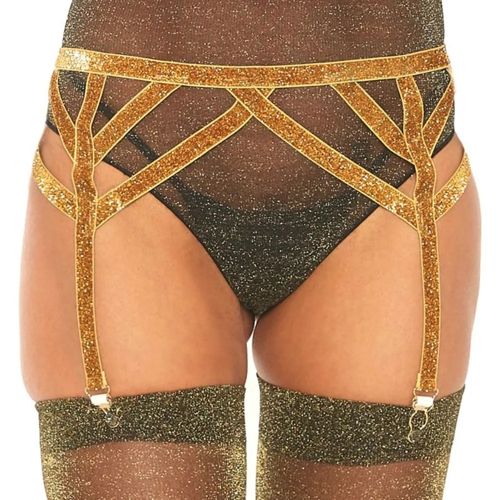 Porte-jarretelles porté en élastique lurex bronze scintillant avec bandes dorées et jarretelles ajustables, vue de dos sur fond blanc
