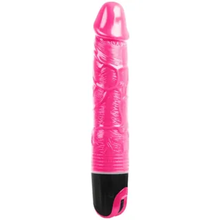 Vibrateur rose fluo en silicone souple avec textures en relief, embout arrondi, poignée ergonomique noire, sur fond blanc