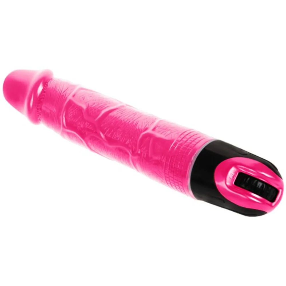 Vibrateur rose fluo en silicone souple avec textures en relief, embout arrondi, poignée ergonomique noire, sur fond blanc