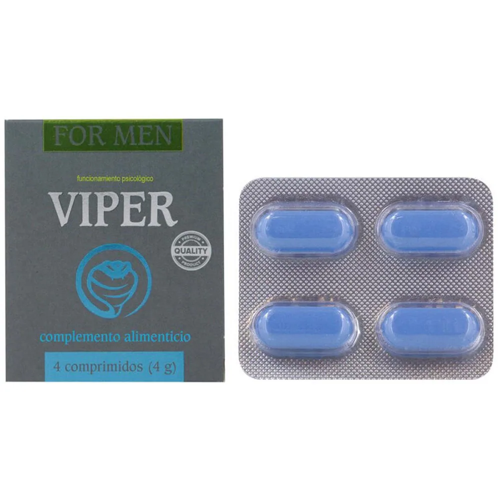 Boîte de complément alimentaire Viper For Men grise avec logo bleu et blister de 4 comprimés bleus ovales sous film aluminium