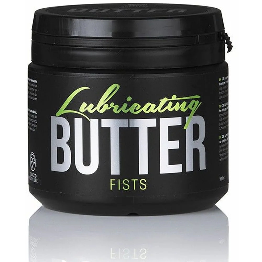 Pot noir de 500 ml de lubrifiant Butter Fists, avec étiquette gris et vert fluo, capuchon noir à vis, sur fond blanc