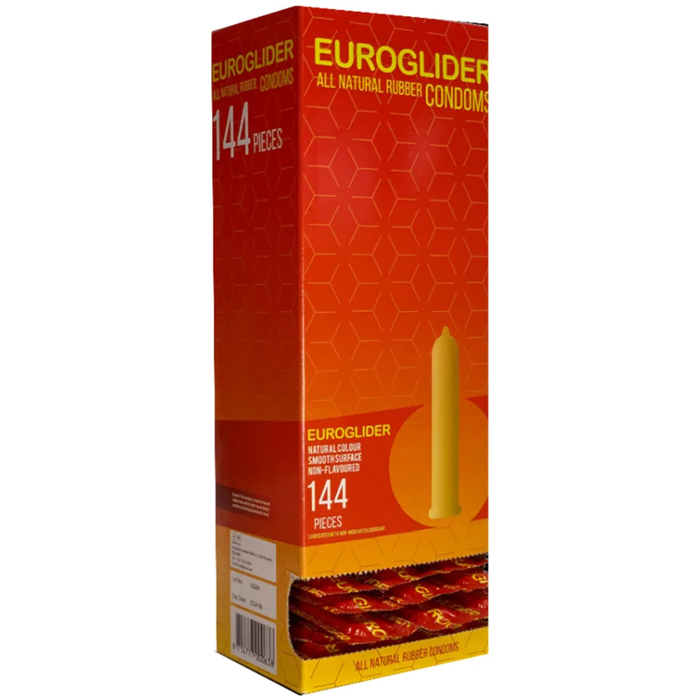 Boîte de 144 préservatifs Euroglider en latex, emballage rouge et jaune avec visuel du produit et informations de composition