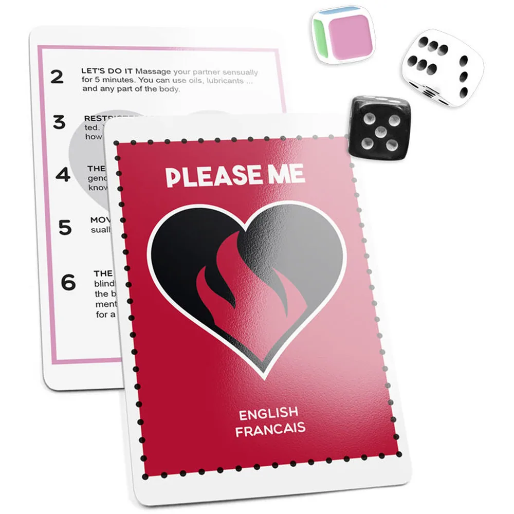 Jeu de cartes «Please Me» avec dés colorés et boîte rose et rouge affichant un cœur stylisé, cartes avec instructions numérotées visibles en anglais et français