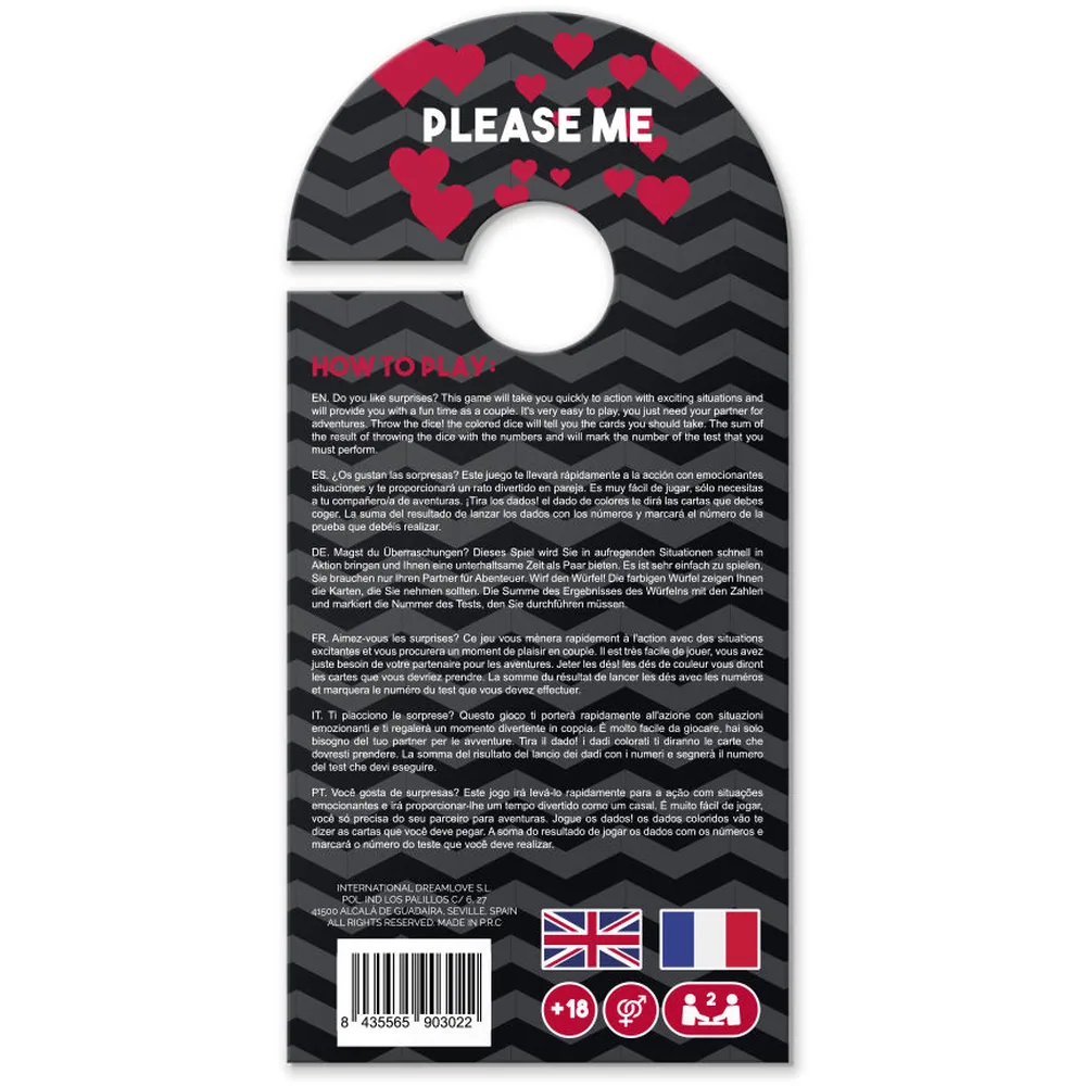 Jeu de cartes «Please Me» avec dés colorés et boîte rose et rouge affichant un cœur stylisé, cartes avec instructions numérotées visibles en anglais et français